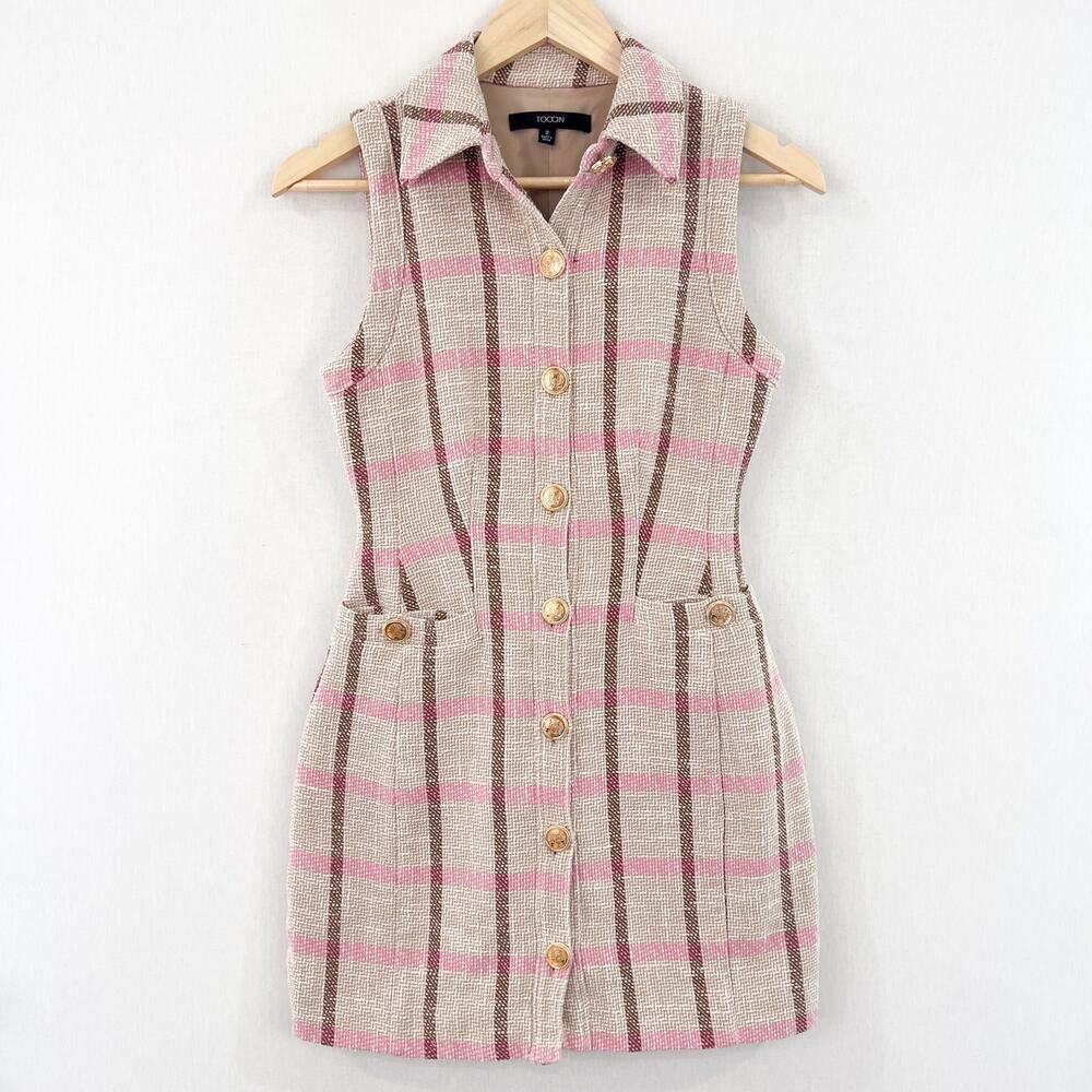 Toccin Sophia Tweed Shirt Dress 2 Pink Plaid Mini Dress Academia Preppy
